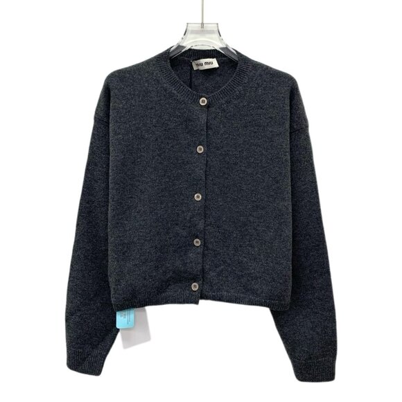 Miu Miu Dark gray wool round-neck button-up long-sleeve knit cardigan